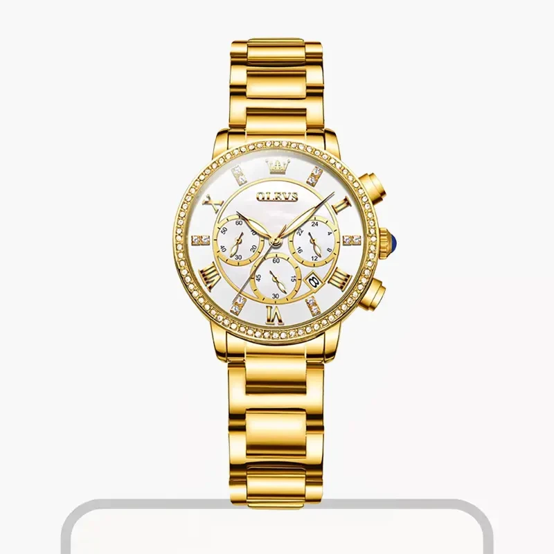 Olevs Chronograph White Dial Gold-tone Ladies Watch- 9976